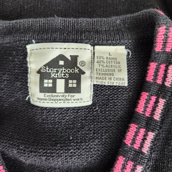90s Storybook Knits Black Floral Embroidered Cardigan Button Front Sweater L - Picture 8 of 10